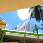 a building with palm trees