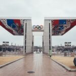 Olympic stadium entrance with flags and flags