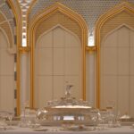 Elegant dining table set with ornate silverware and dishes.