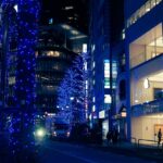a city street at night decorated with christmas lights