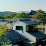 Japanese houses nestled amongst trees.
