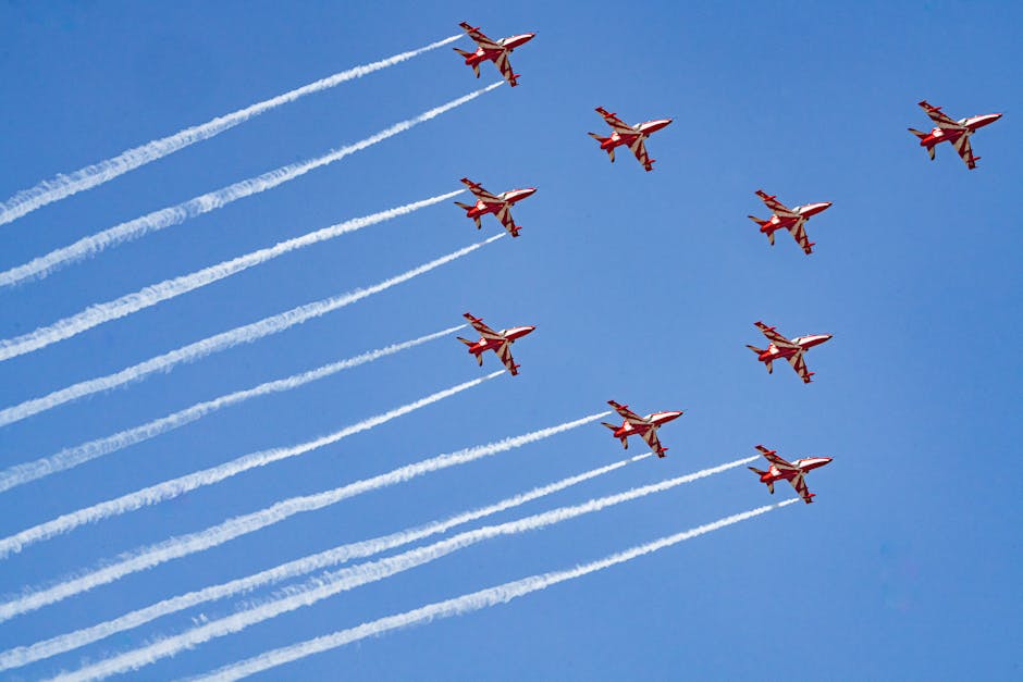 High-flying aerobatic display showcasing precision formations at an air show.