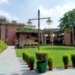 green grass and green plants in front of brown brick building