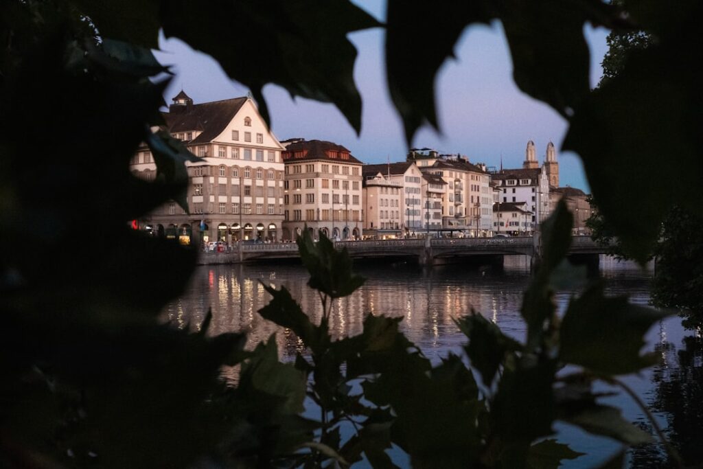 Buildings reflected in the water, framed by leaves.