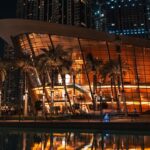 Modern building with palm trees at night