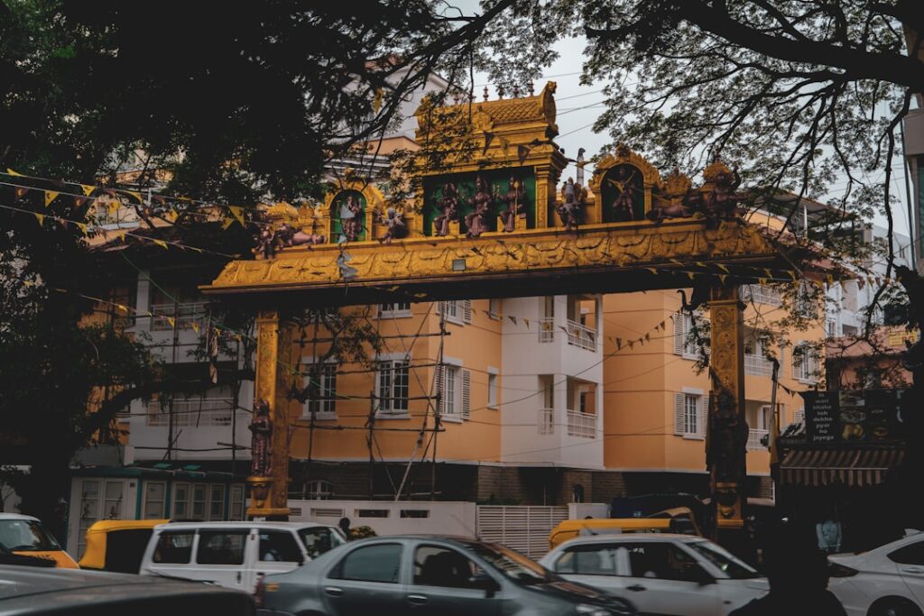 A large yellow building with a yellow roof
